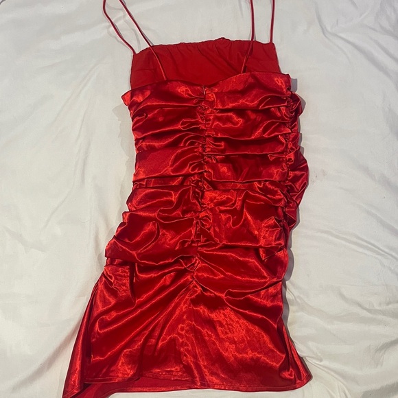 Red Satin Ruched Dress - Picture 2 of 4